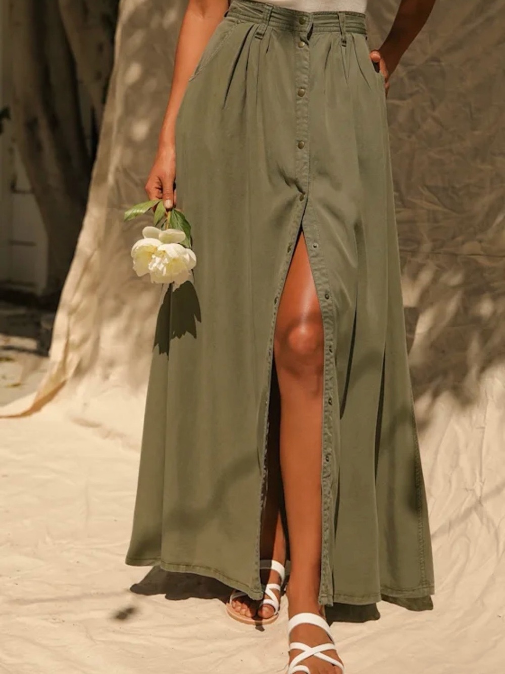 Pistola My Squad Olive Green Snap Front Maxi Skirt XS Boho Utility